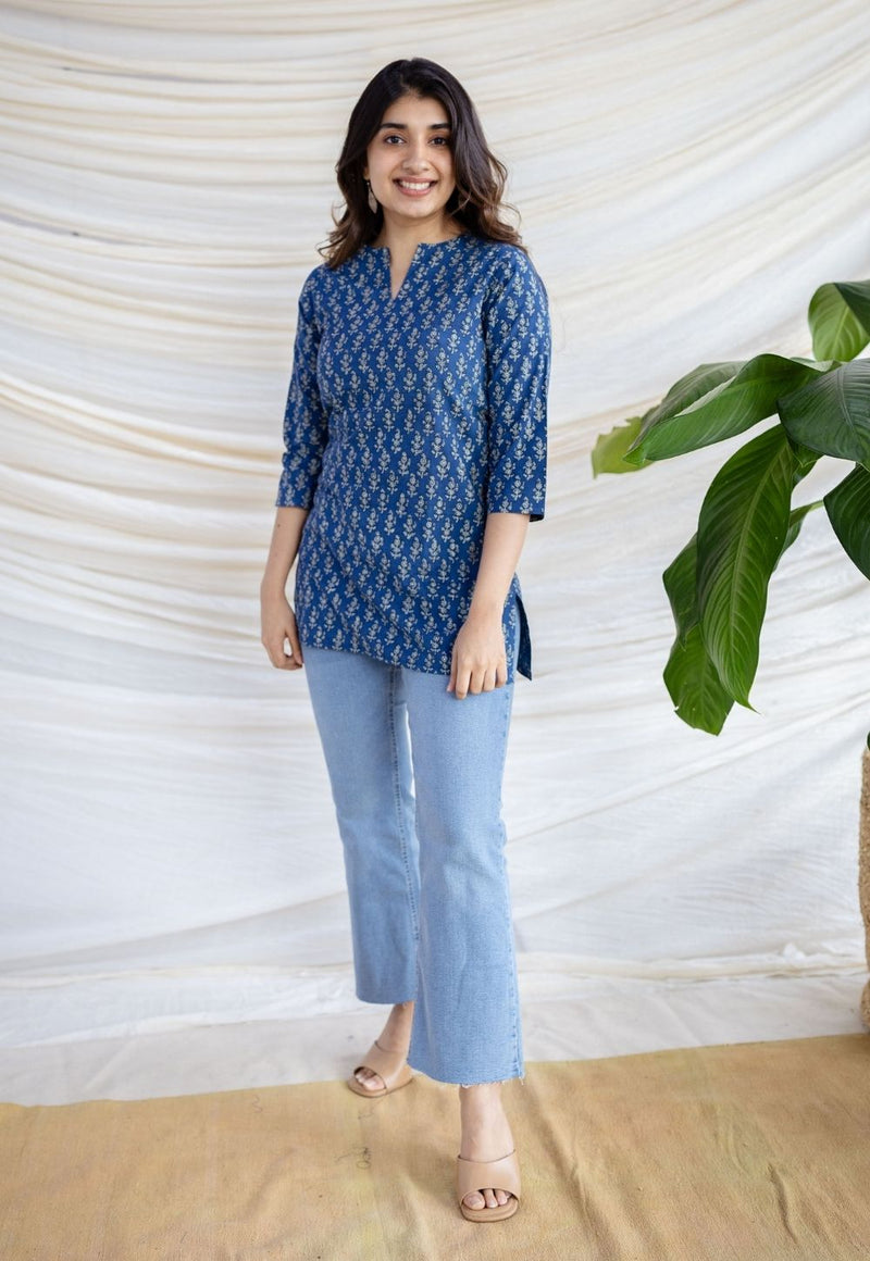 Navya Indigo Dabu Cotton Straight Short Top