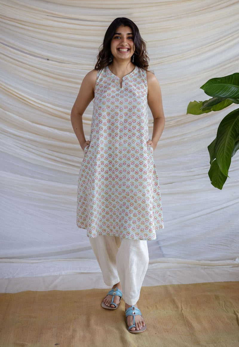 Zeeya Powder Blue Sanganeri Cotton A Line Kurta