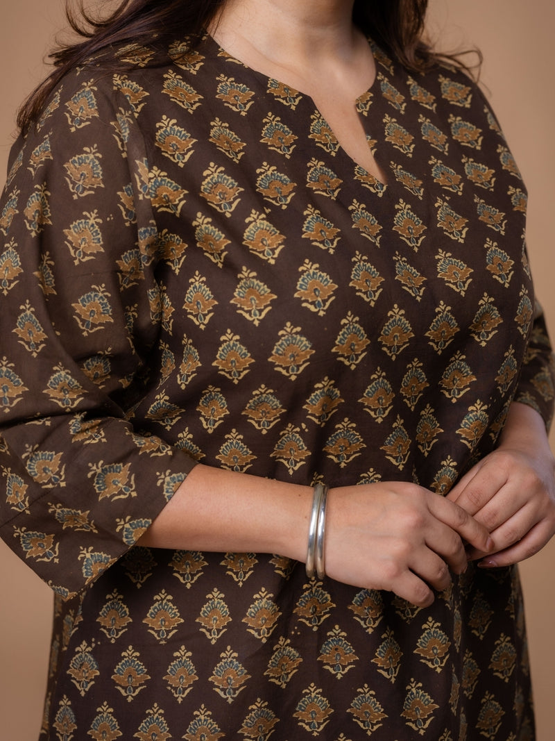 Daksha Brown Ajrakh Cotton A Line Kurta