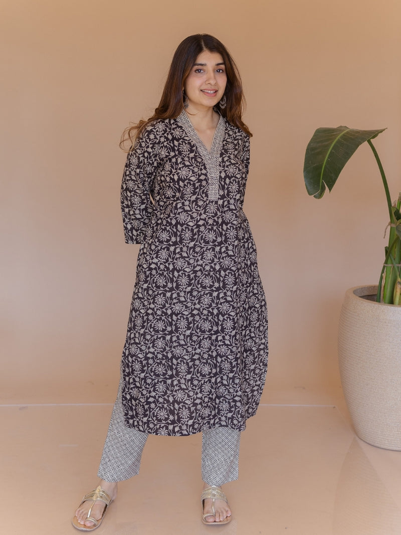 Avika Black Bagru Cotton Straight Kurta