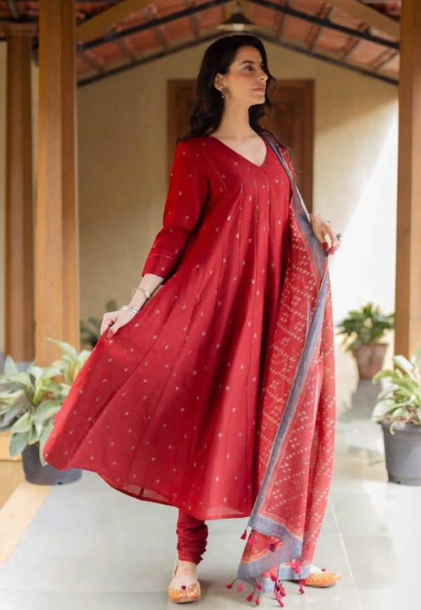 Advika Madder Ajrakh Chanderi Silk Kali Kurta with Hand Embroidery