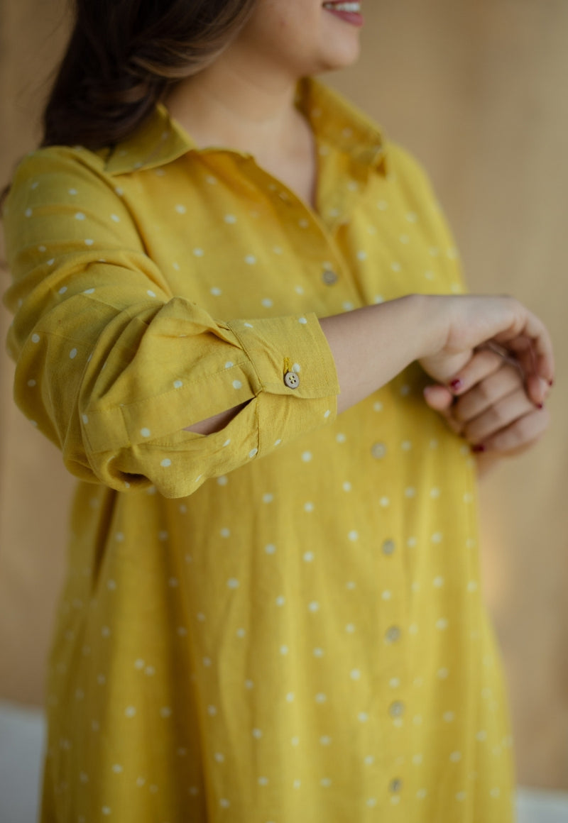 Trusha Yellow Dabu Slub Cotton A Line Dress