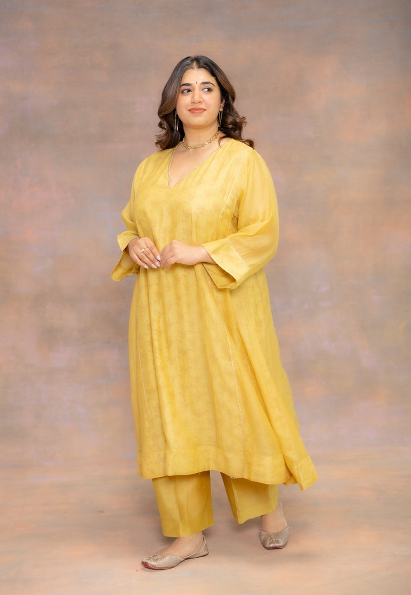 Rosa Yellow Solid Chanderi Slik Jhabbha Kali Kurta with Lace Detailing