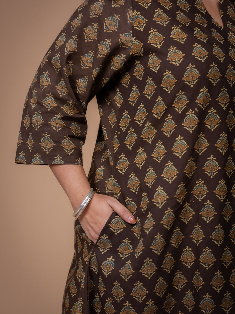 Daksha Brown Ajrakh Cotton A Line Kurta