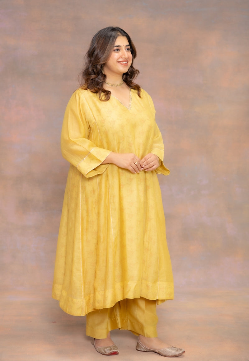 Rosa Yellow Solid Chanderi Slik Jhabbha Kali Kurta with Lace Detailing
