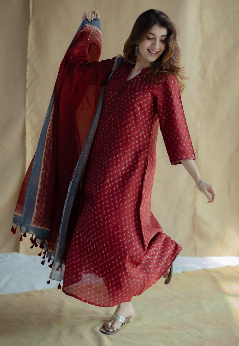 Malvika Madder Ajrakh Chanderi Silk A Line Kurta with Hand Embroidery