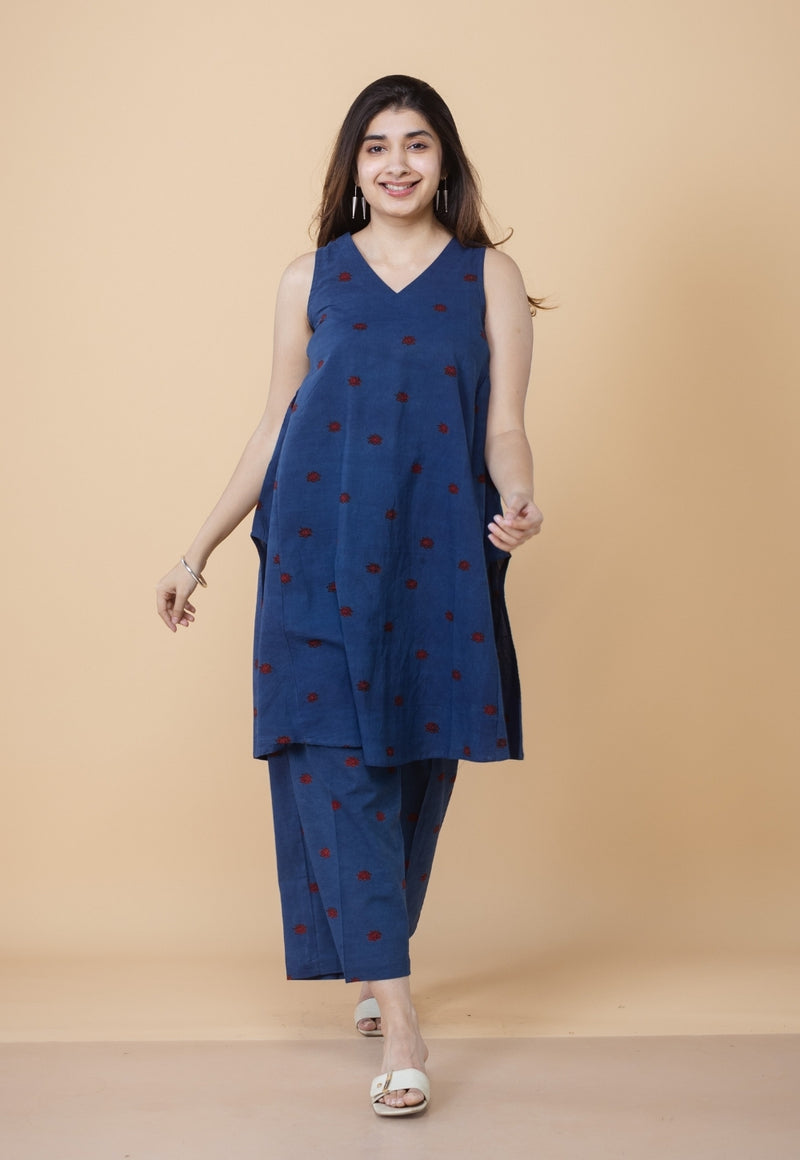 Arvika Blue Ajrakh Cotton A Line Co-ord Set