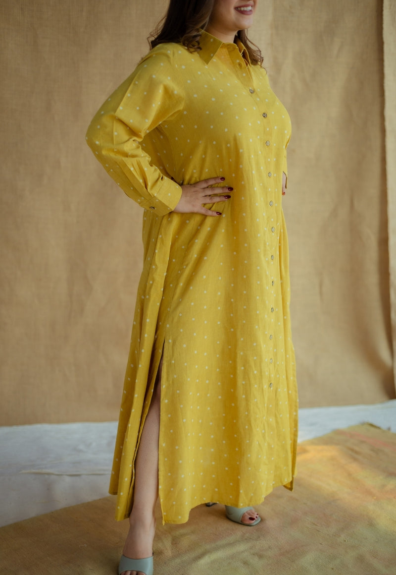 Trusha Yellow Dabu Slub Cotton A Line Dress