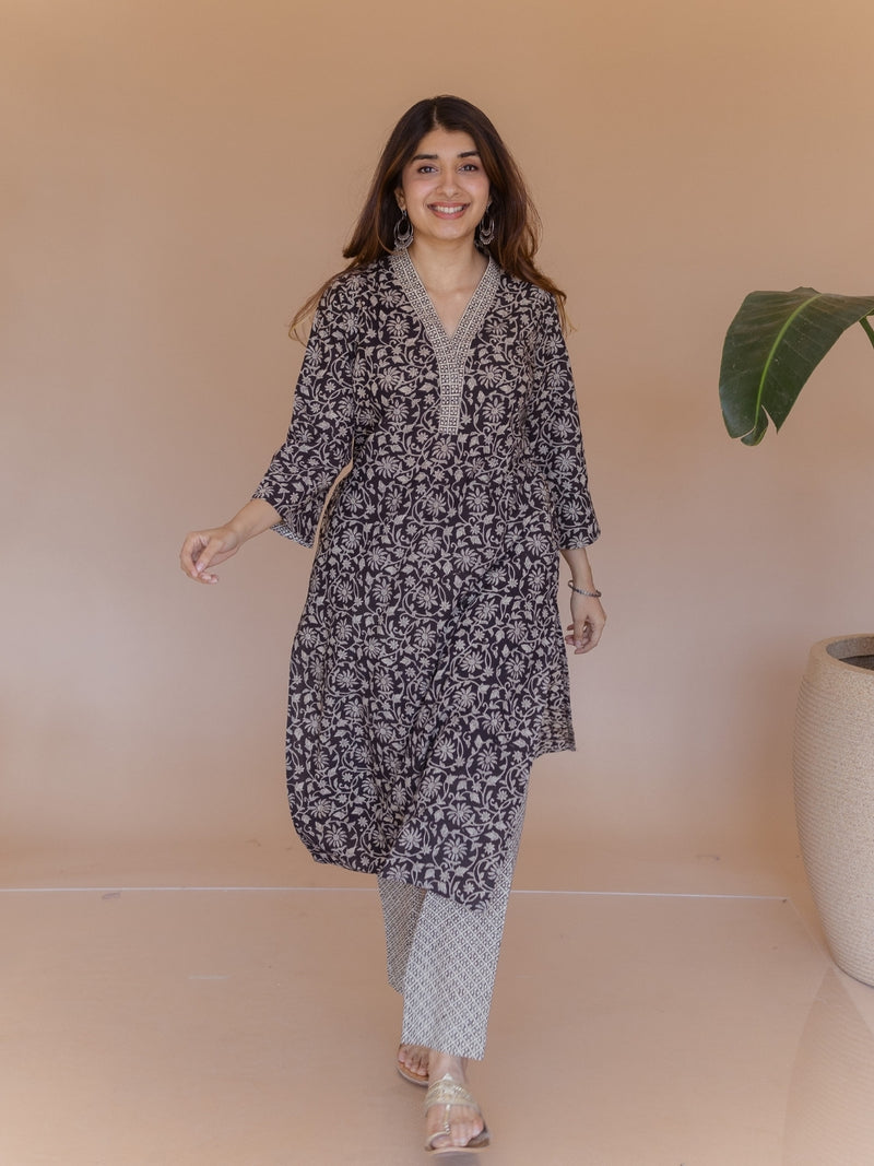 Avika Black Bagru Cotton Straight Kurta