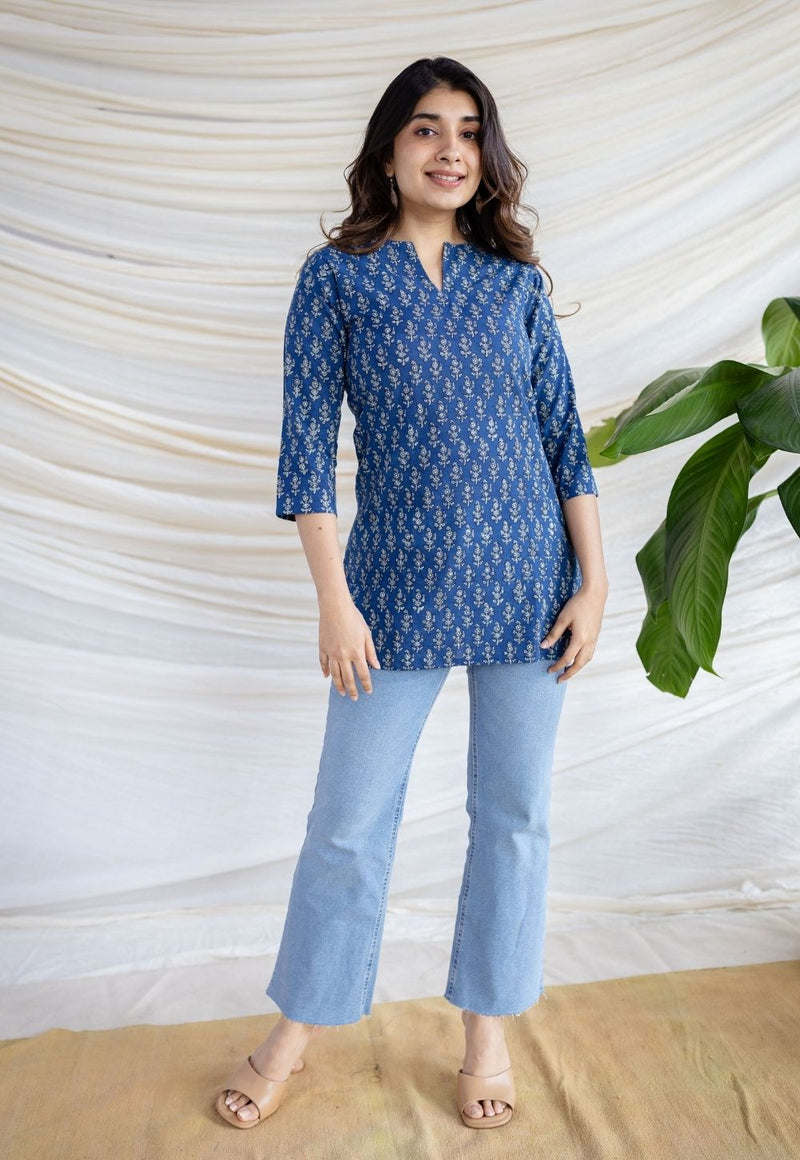 Navya Indigo Dabu Cotton Straight Short Top