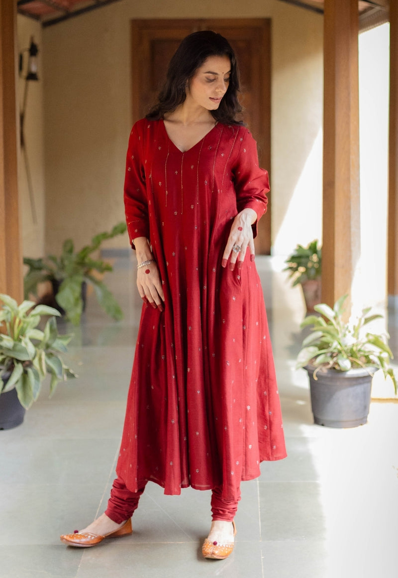 Advika Madder Ajrakh Chanderi Silk Kali Kurta with Hand Embroidery