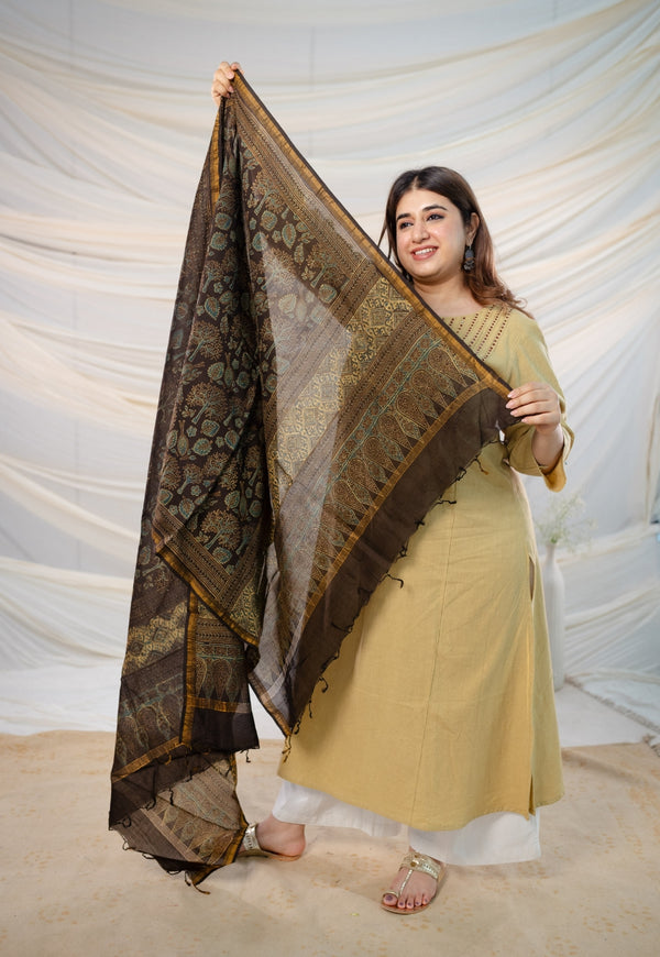 Ajrakh Chanderi Silk Gold Zari Border Dupatta