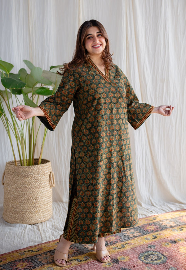 Shanza Green A Line Ajrakh Cotton Kurta