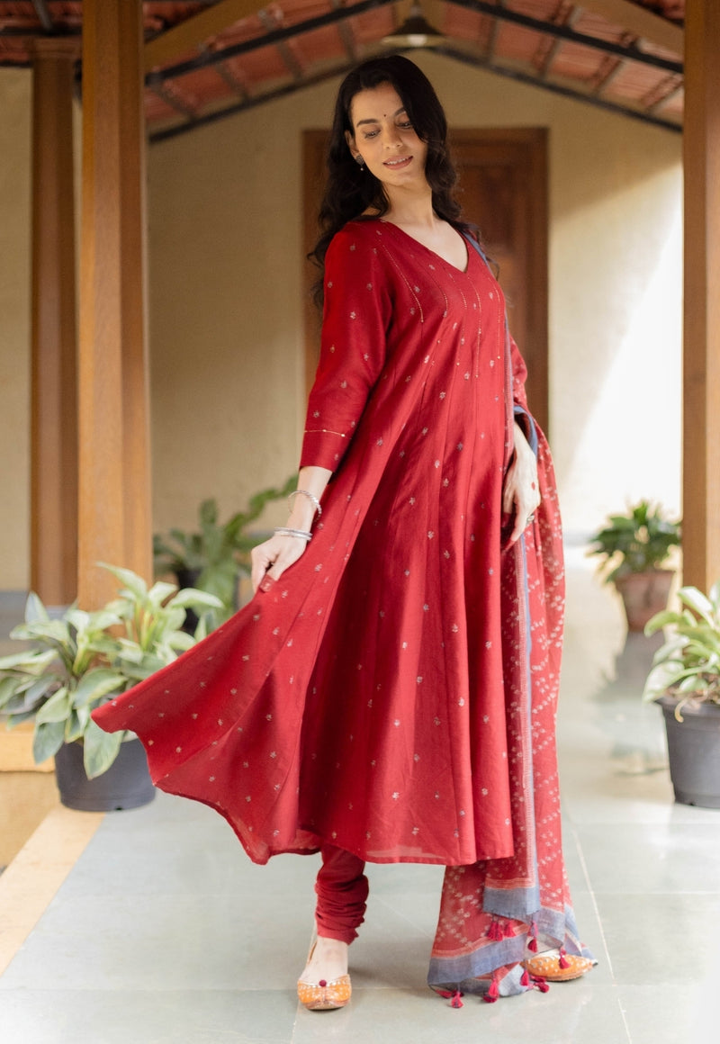 Advika Madder Ajrakh Chanderi Silk Kali Kurta with Hand Embroidery