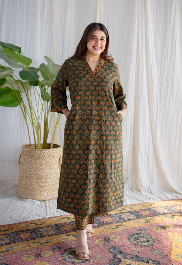 Shanza Green Straight Ajrakh Cotton Kurta