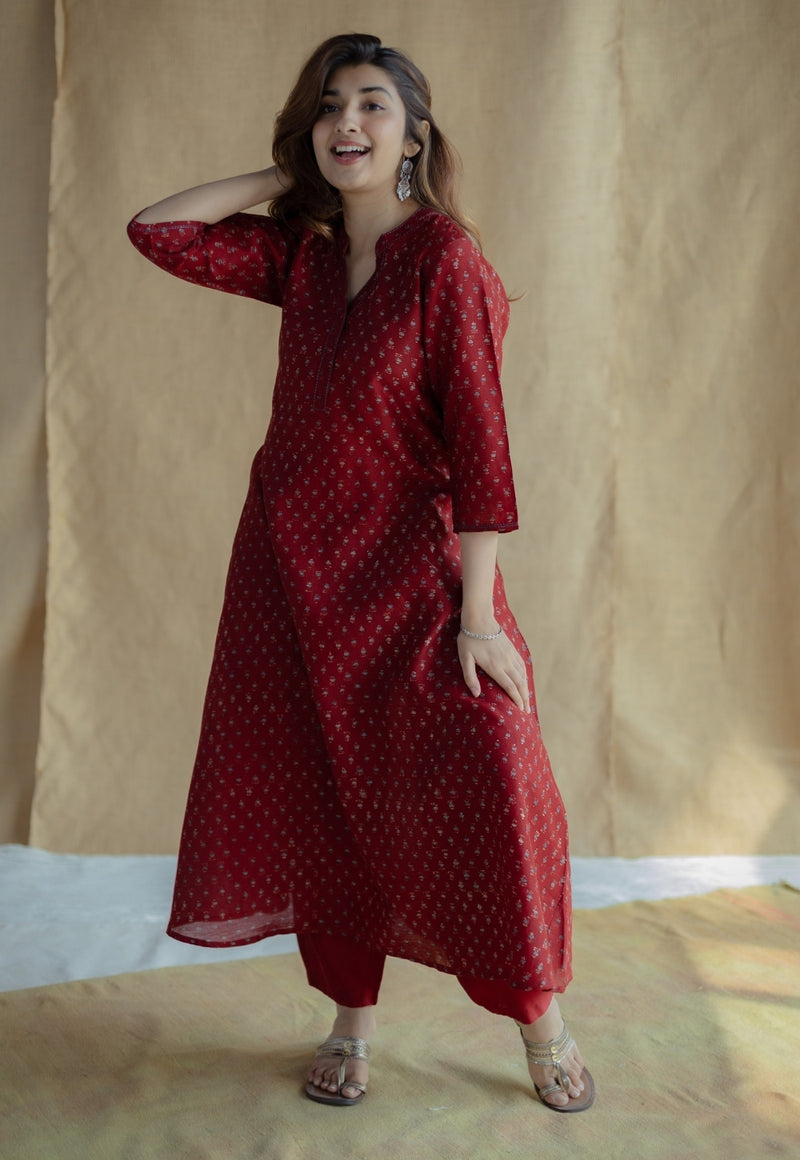 Malvika Madder Ajrakh Chanderi Silk A Line Kurta with Hand Embroidery