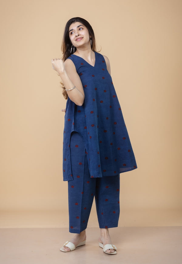 Arvika Blue Ajrakh Cotton A Line Co-ord Set