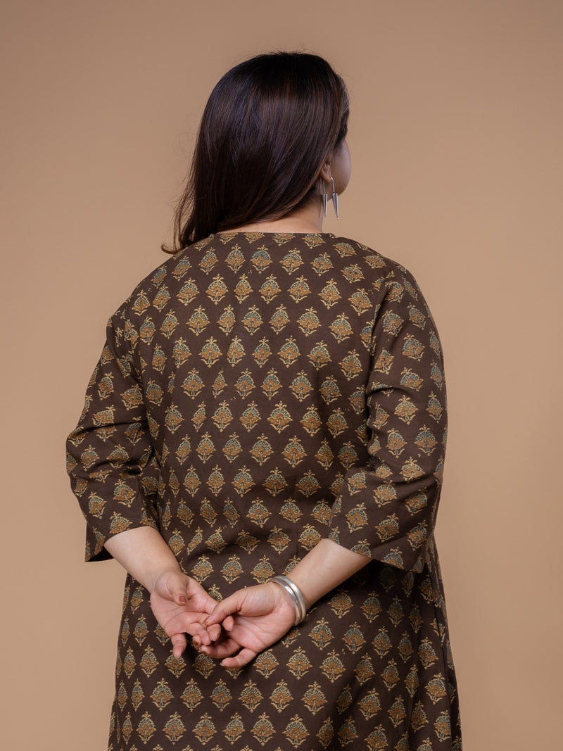 Daksha Brown Ajrakh Cotton A Line Kurta