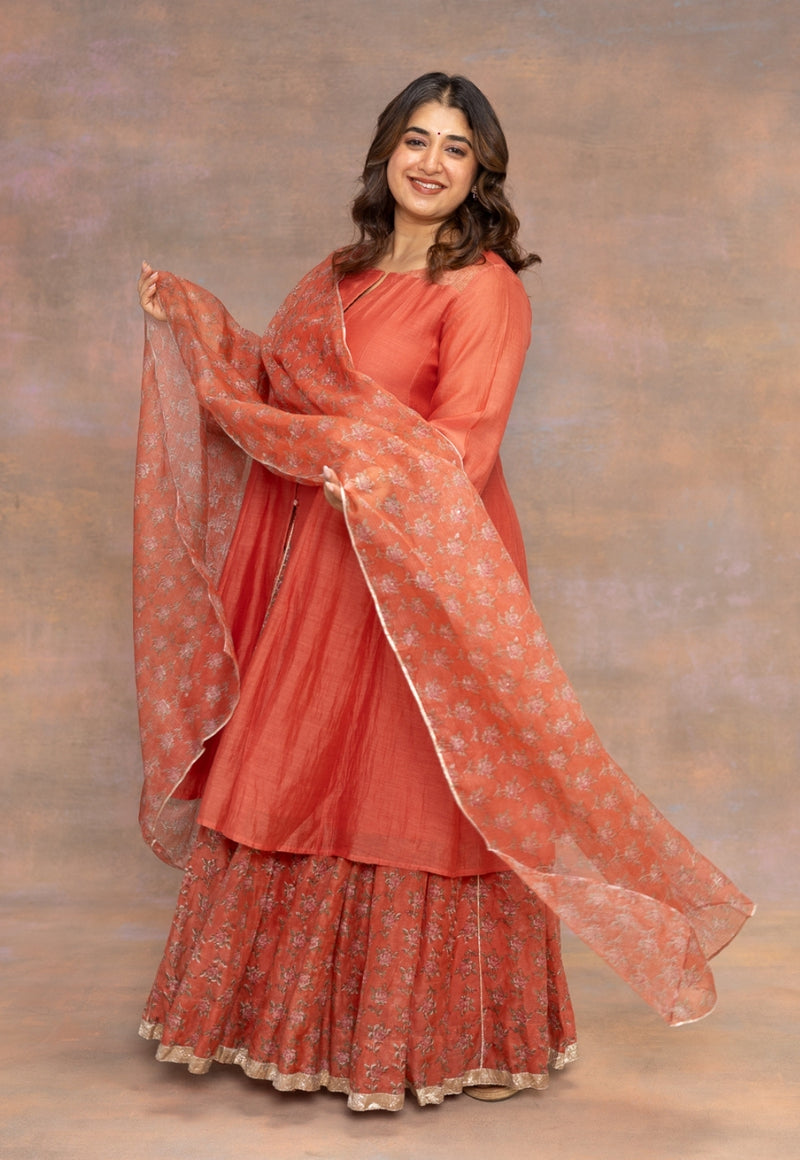 Rosa Orange Solid Chanderi Silk Kali Kurta