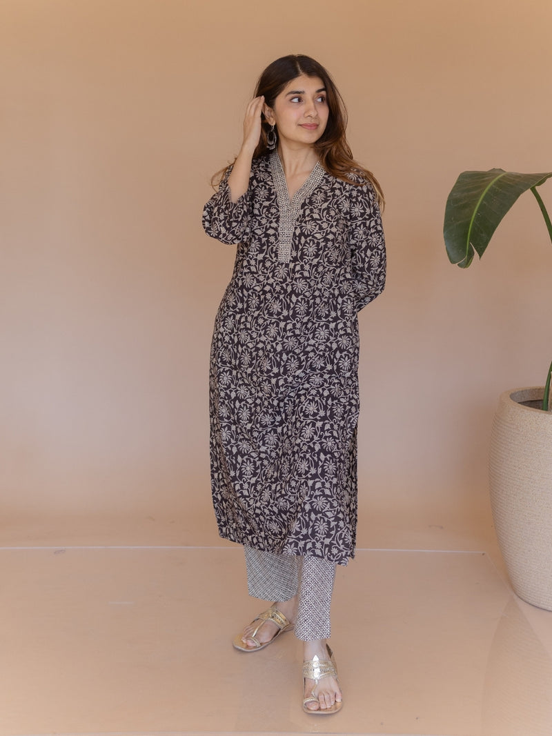 Avika Black Bagru Cotton Straight Kurta
