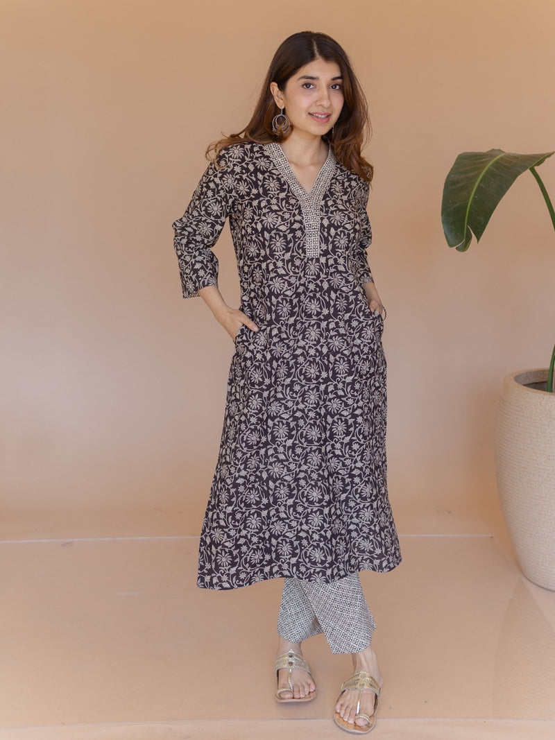 Avika Black Bagru Cotton Straight Kurta