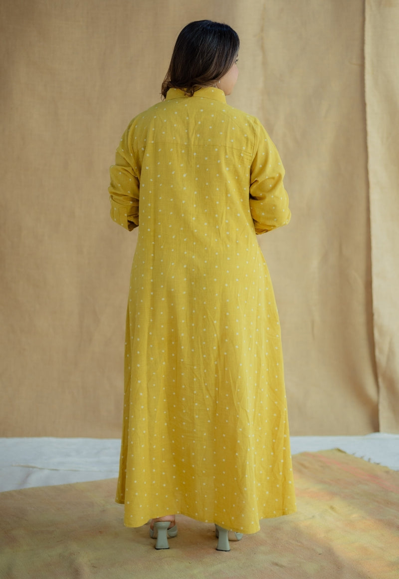 Trusha Yellow Dabu Slub Cotton A Line Dress