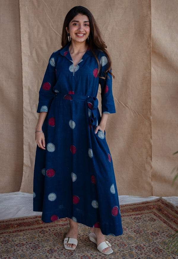 Alzira Navy Blue Dabu Slub Cotton A Line Dress with Embroidery