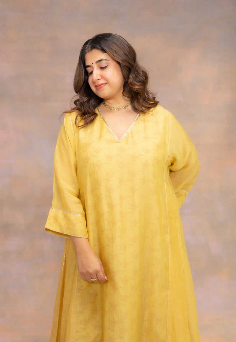 Rosa Yellow Solid Chanderi Slik Jhabbha Kali Kurta with Lace Detailing