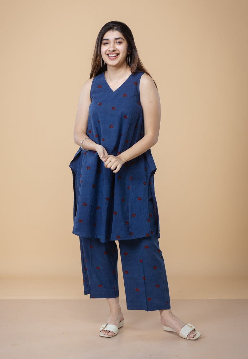 Arvika Blue Ajrakh Cotton A Line Co-ord Set