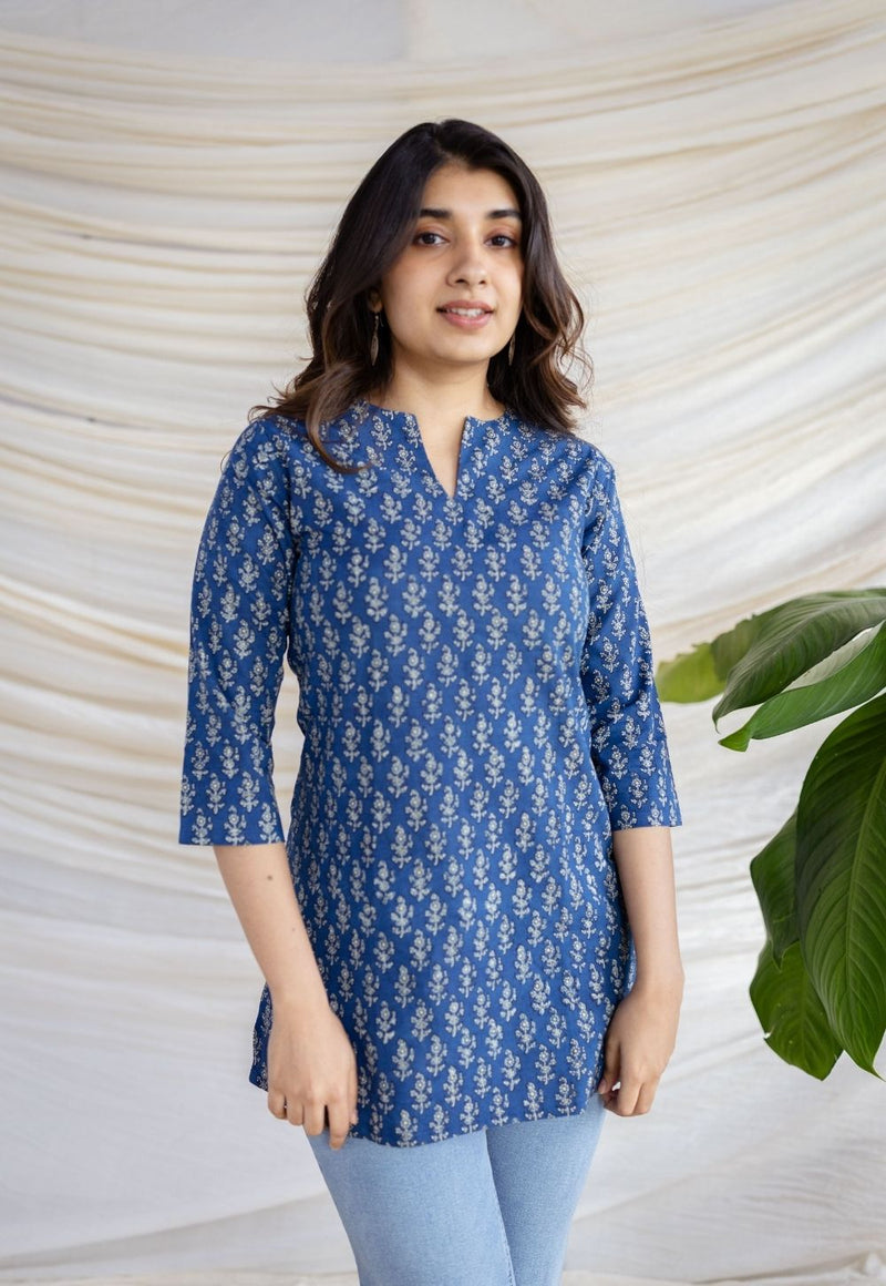 Navya Indigo Dabu Cotton Straight Short Top