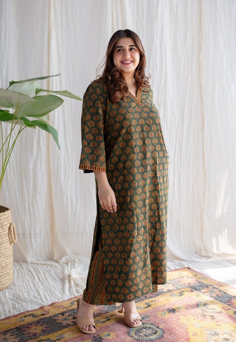 Shanza Green Ajrakh Cotton A Line Kurta