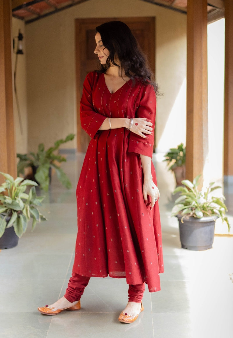 Advika Madder Ajrakh Chanderi Silk Kali Kurta with Hand Embroidery