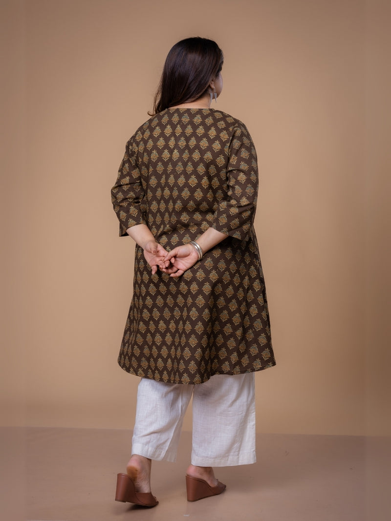 Daksha Brown Ajrakh Cotton A Line Kurta