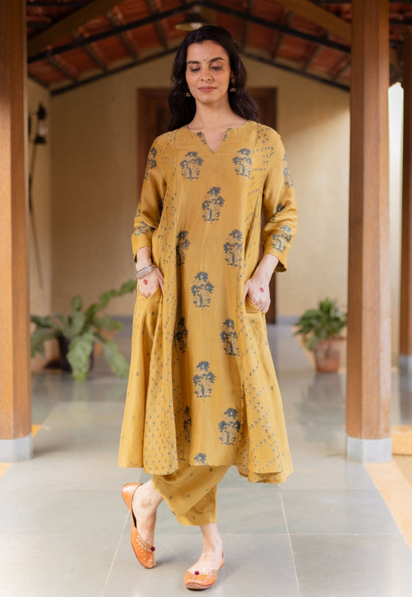 Sonia Mustard Ajrakh Chanderi Silk Kali Kurta with Hand Embroidery