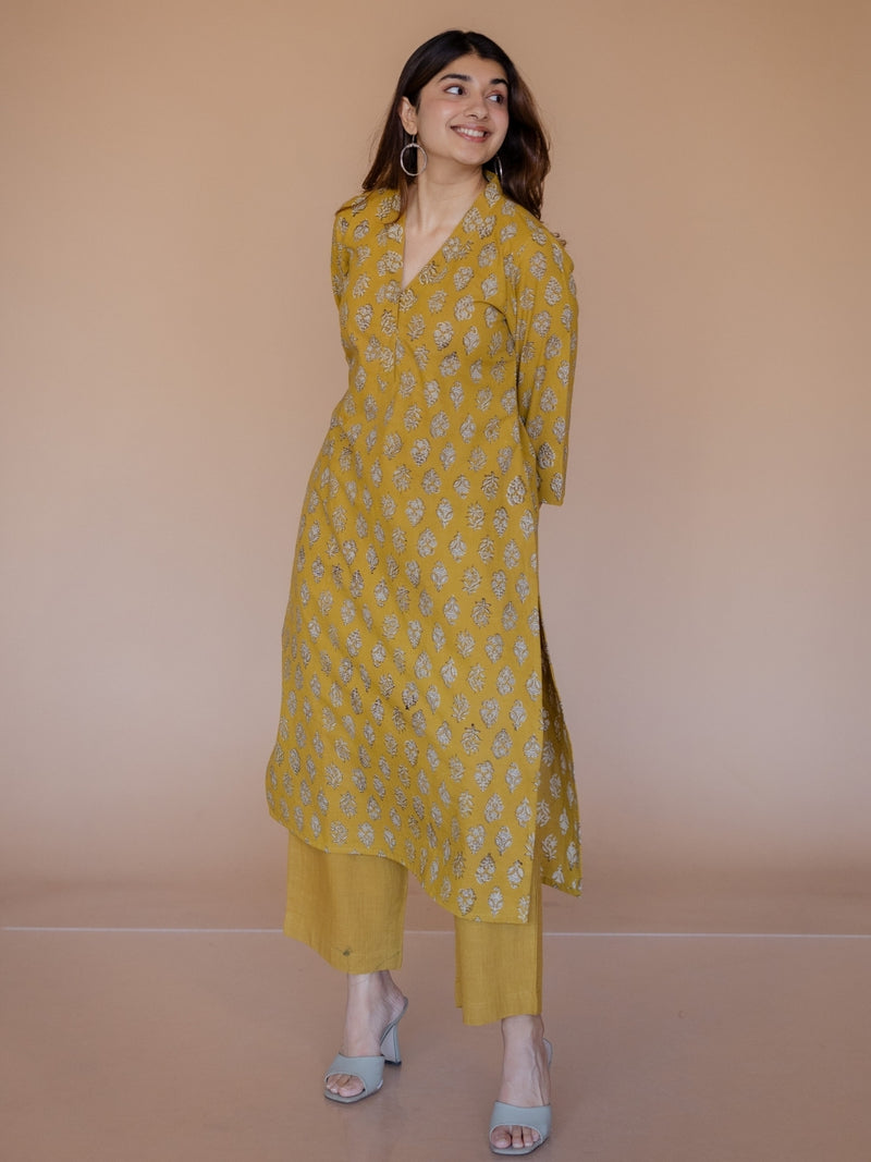 Avika Yellow Bagru Cotton Straight Kurta