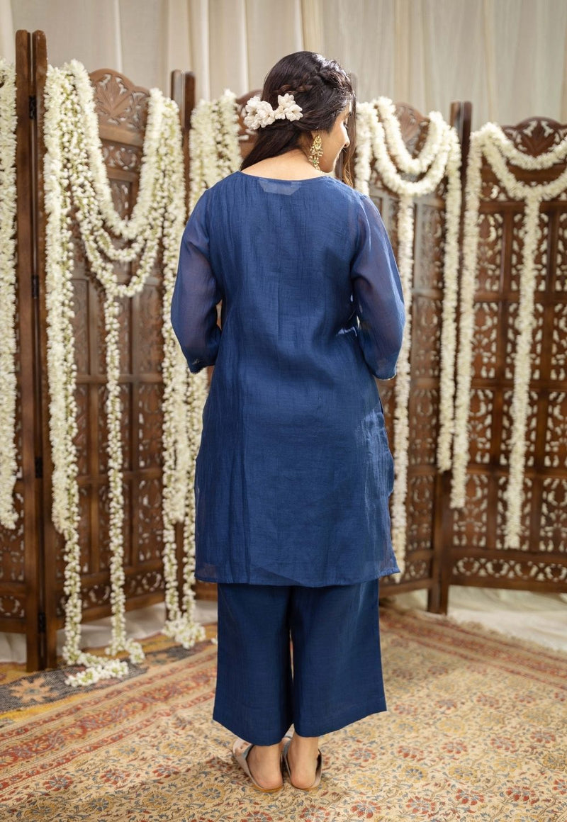 Sudiksha Navy Blue Chanderi Silk Straight Hand Embroidered Kurta Set (Set of 3)