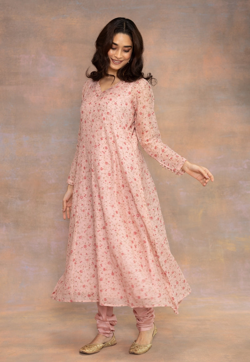 Rose Pink Sanganeri Chanderi Silk Kali Kurta with Hand Embroidery