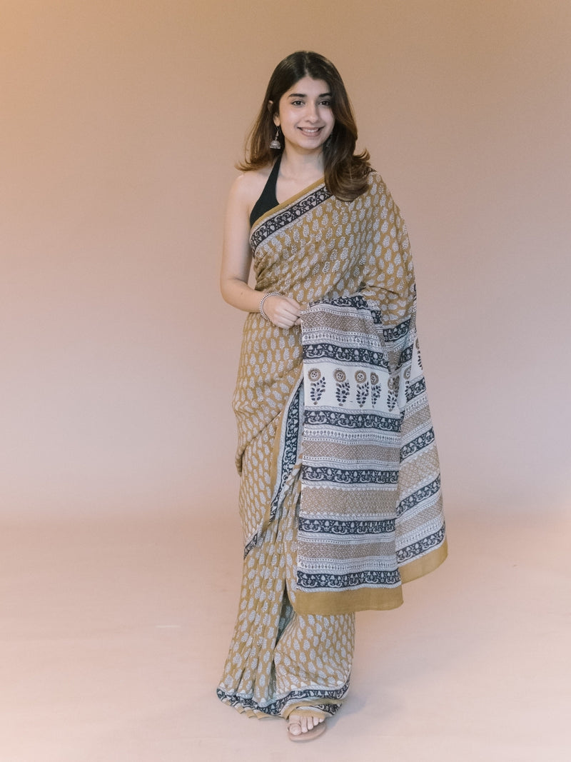Yellow Butti Bagru Hand Block Print Modal Saree
