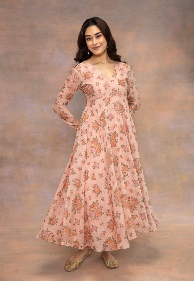 Rozhira Pink Sanganeri Chanderi Silk A Line Kurta with Hand Embroidery