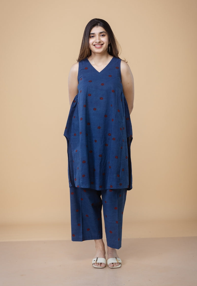 Arvika Blue Ajrakh Cotton A Line Co-ord Set