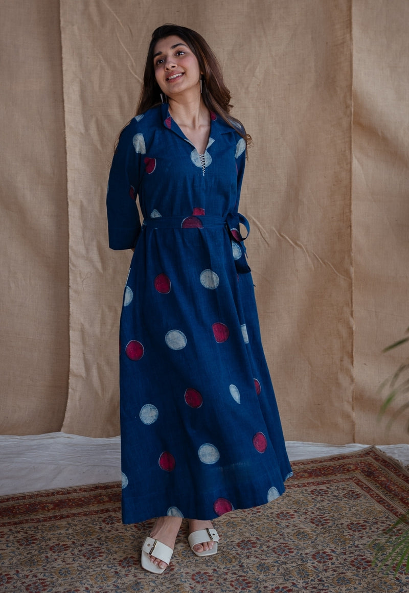 Alzira Navy Blue Dabu Slub Cotton A Line Dress with Embroidery