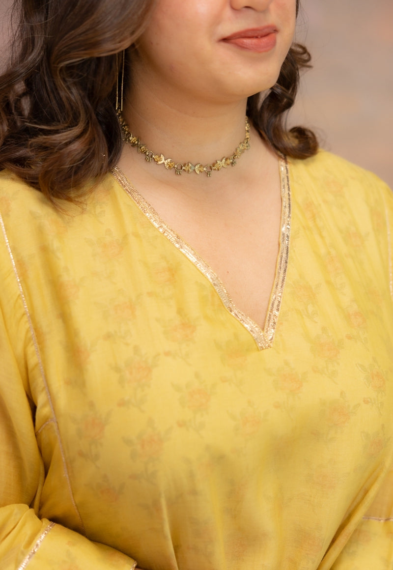 Rosa Yellow Solid Chanderi Slik Jhabbha Kali Kurta with Lace Detailing