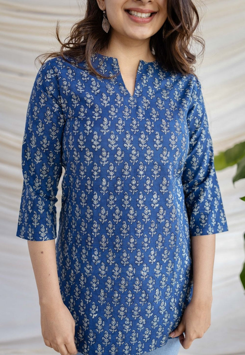 Navya Indigo Dabu Cotton Straight Short Top