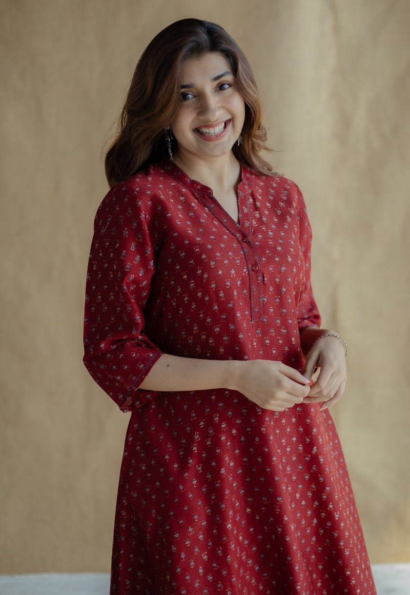 Malvika Madder Ajrakh Chanderi Silk A Line Kurta with Hand Embroidery