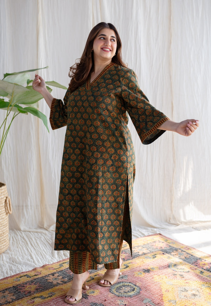 Shanza Green Ajrakh Cotton A Line Kurta