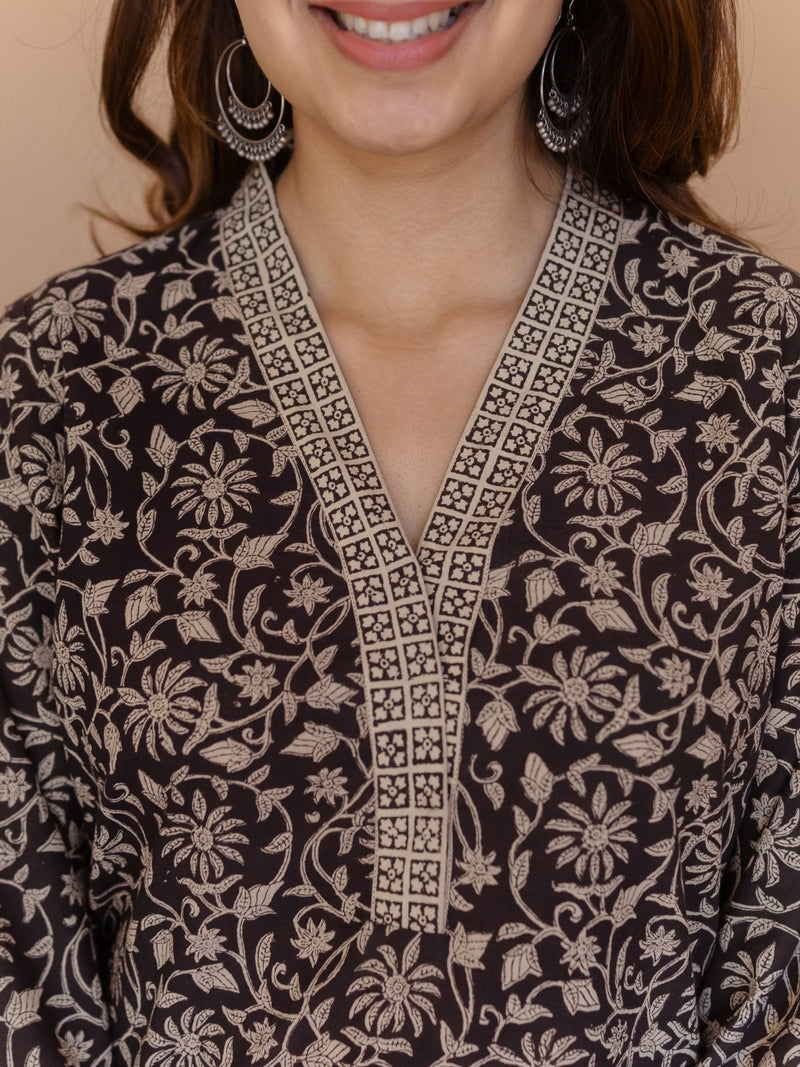Avika Black Bagru Cotton Straight Kurta