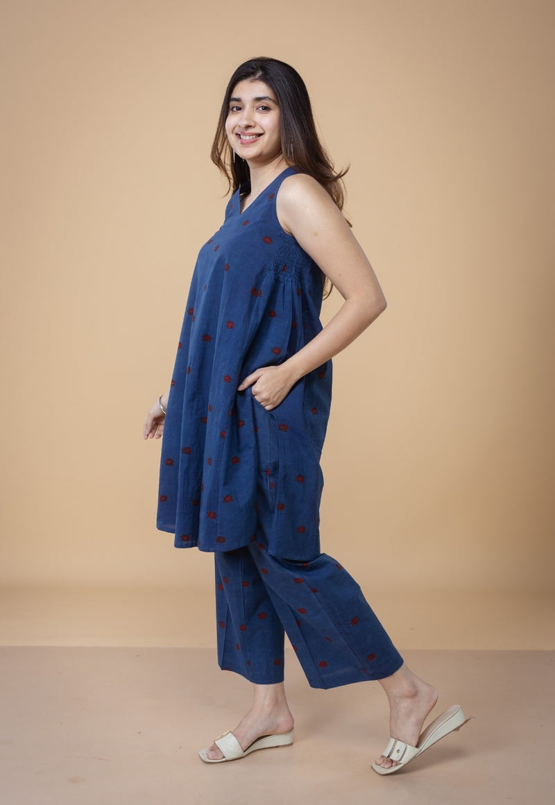 Arvika Blue Ajrakh Cotton A Line Co-ord Set