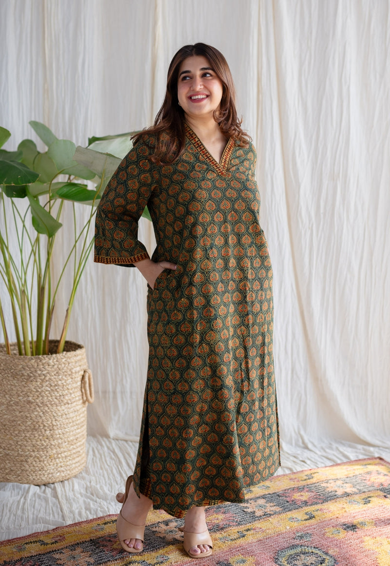 Shanza Green Straight Ajrakh Cotton Kurta