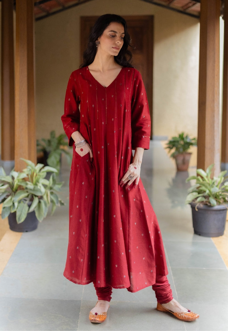 Advika Madder Ajrakh Chanderi Silk Kali Kurta with Hand Embroidery