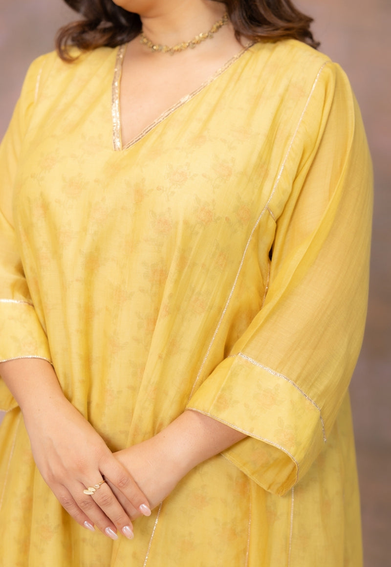 Rosa Yellow Solid Chanderi Slik Jhabbha Kali Kurta with Lace Detailing